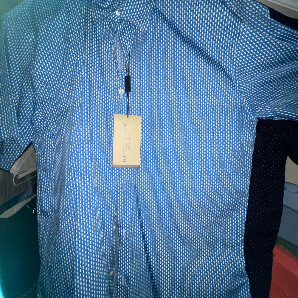 Burberry Men's Blue and White Patterned Shirt